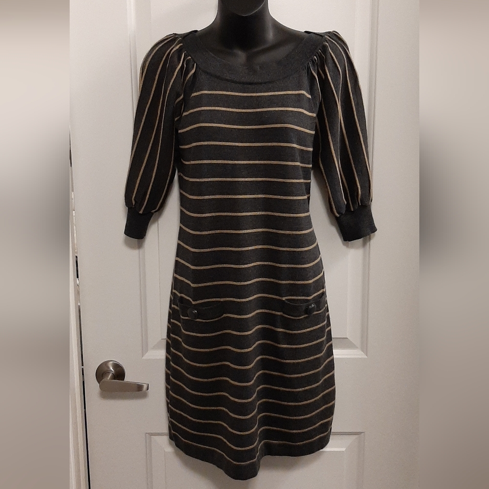 Jessica H Sweater Dress Womens Small Gray Tan Striped Pocketed Balloon Sleeves